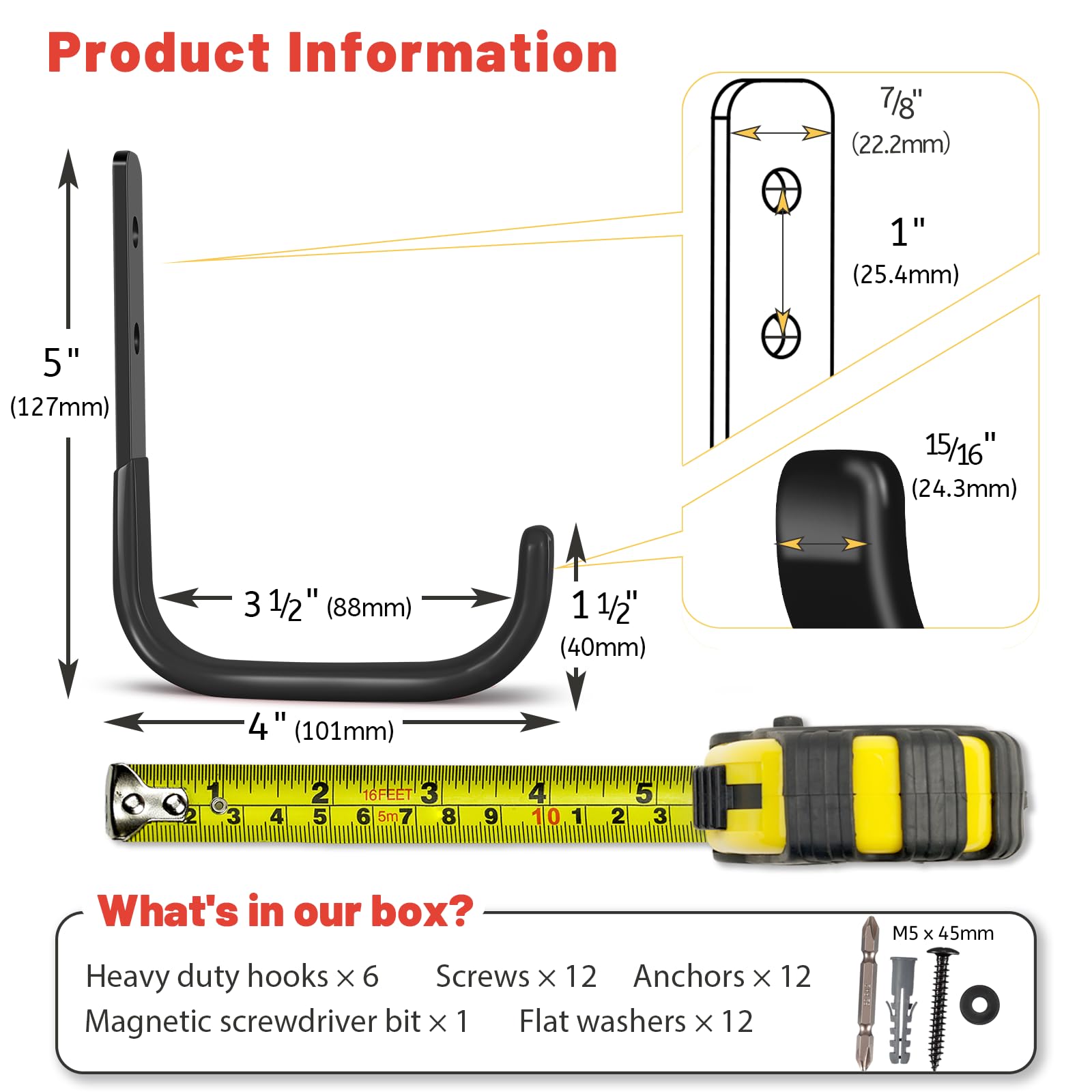 SunVFaFa 4 Inch Heavy Duty Steel Garage Hooks (6 Pack) - 55lbs Capacity Wall Mount Hangers for Ladders, Garden Hoses & Tool Organization | Perfect for Garage Storage, Workshop Organization & Outdoor Equipment Hanging
