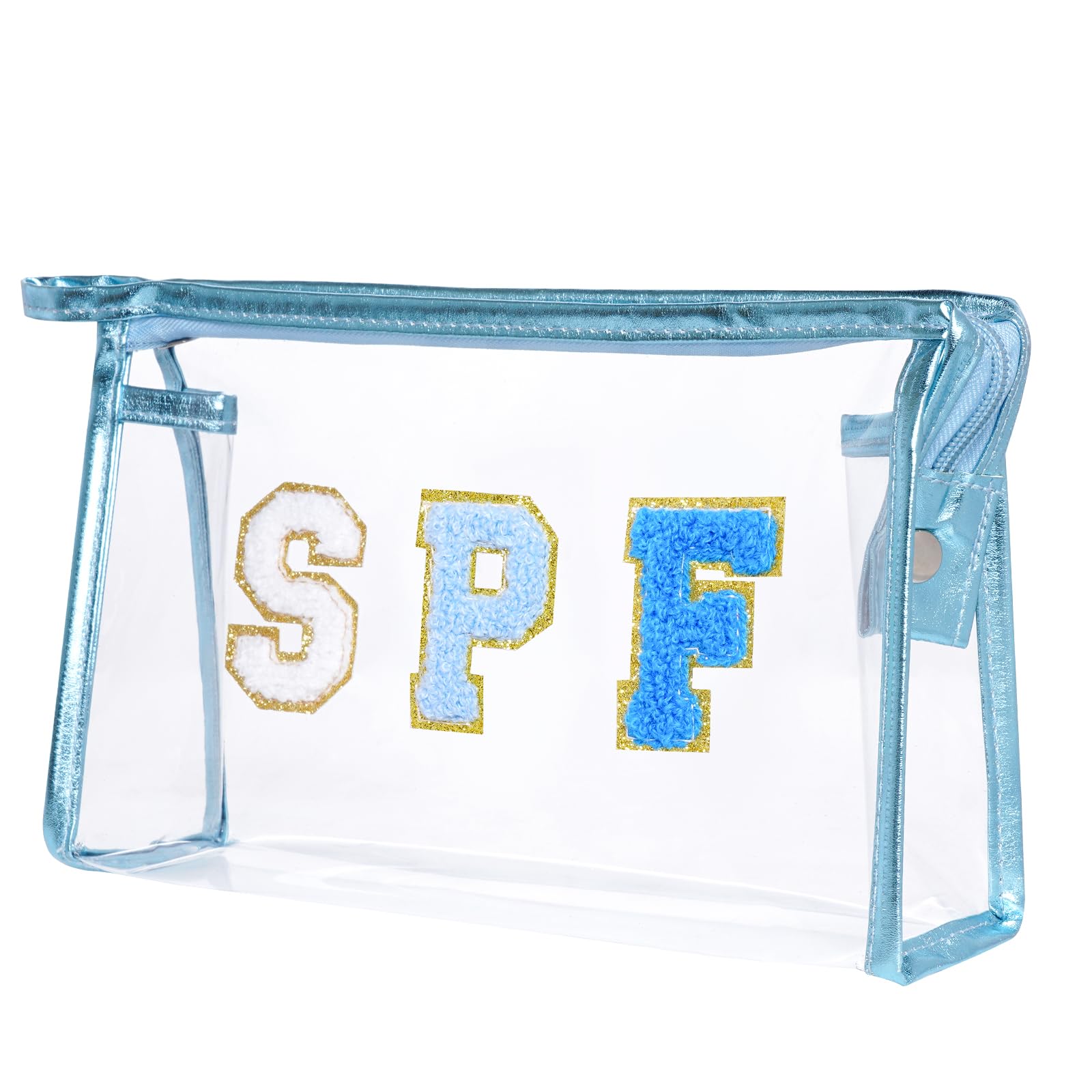 Clear Preppy Patch Makeup Bag with Zipper - SPF Chenille Letter Cosmetic Pouch for Women & Teens | Waterproof Beach Travel Toiletry Organizer for Cosmetics, Jewelry & Essentials (Blue) - Perfect for Vacation, Gym & Daily Use