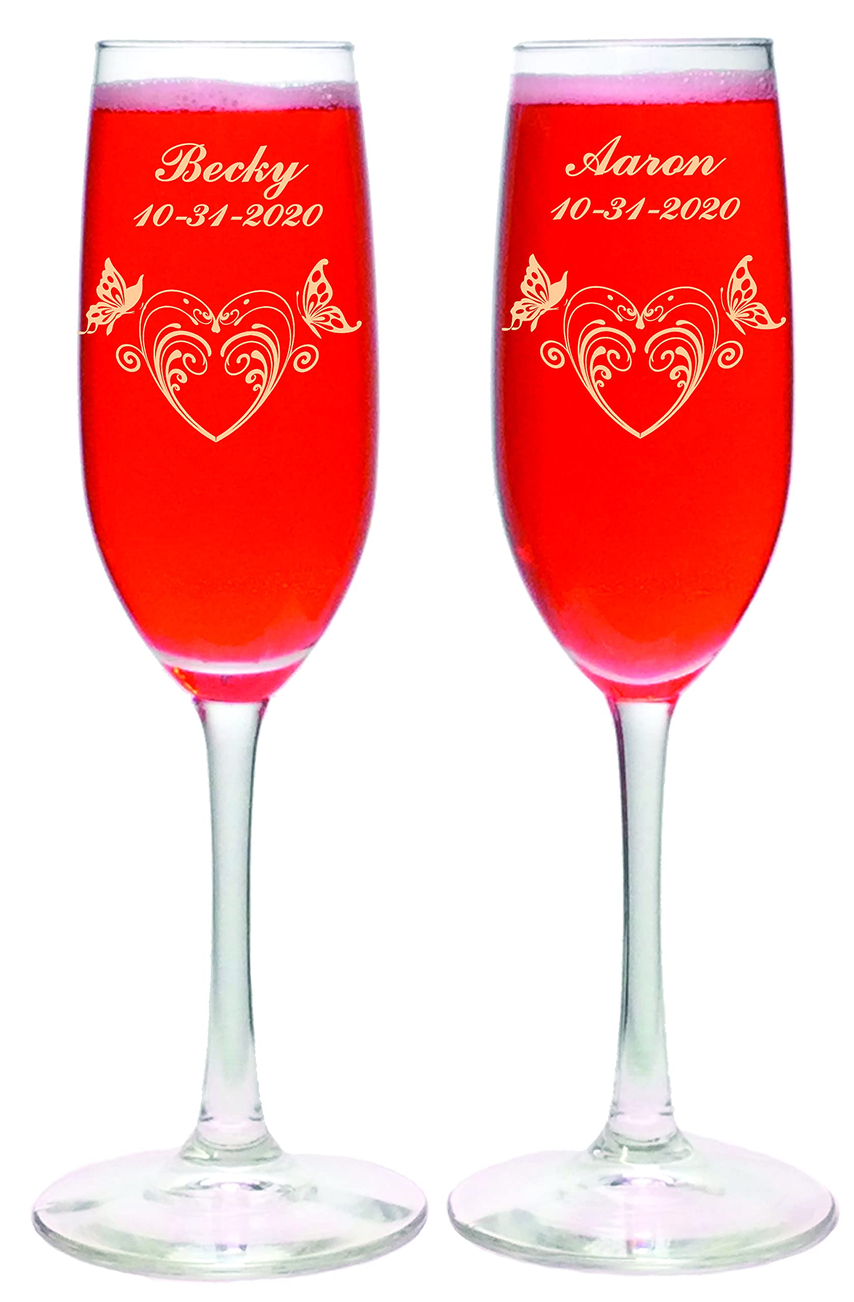 Personalized Butterfly Heart Etched Wedding Flute Glasses & Cake Knife Set - Custom Names & Date - Perfect for Bridal Showers, Anniversary Gifts & Romantic Toasts