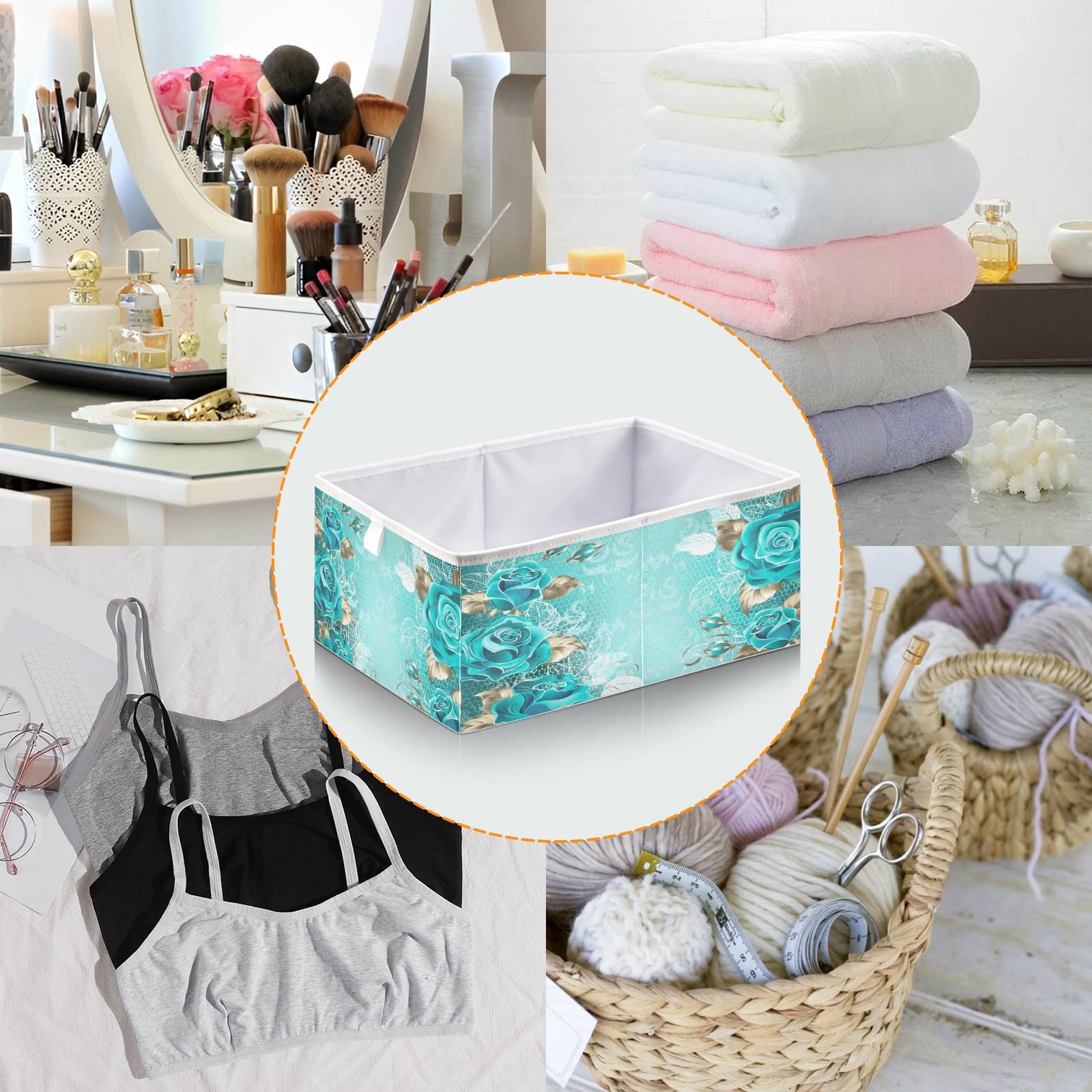 Turquoise Lace Rose Foldable Collapsible Storage Baskets - 16 x 11 Inch Fabric Cube Organizer Bins for Shelves, Pantry, Closet, Nursery & Home Organization | Perfect for Toys, Blankets & Household Items Storage