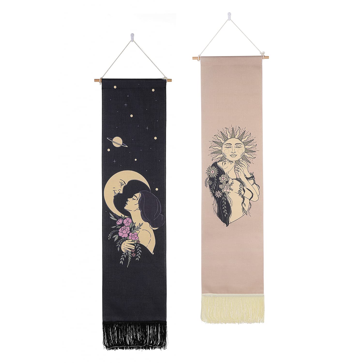 BenRan Sun and Moon Tapestry Set of 2 - 12.8x51.18 Inch Bohemian Wall Hanging for Bedroom Decor, Aesthetic Room Tapestry for Teen Girls - Perfect for Boho Bedroom, Dorm Room, or Meditation Space