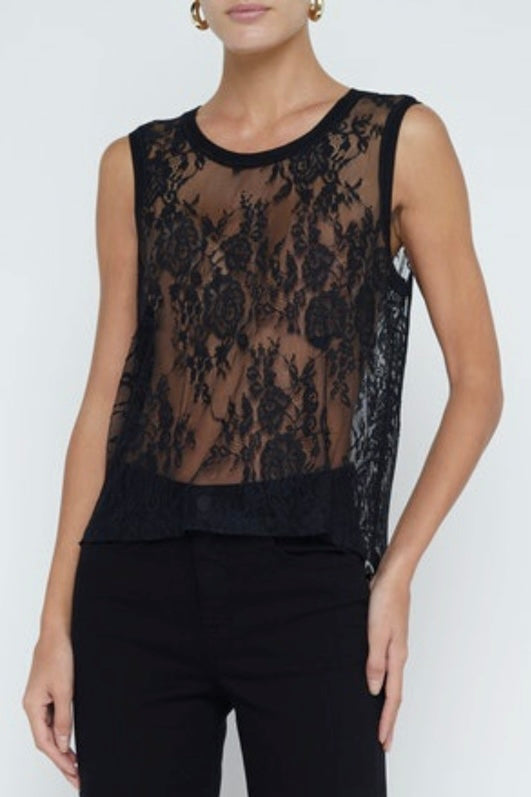 L'Agence Brax Lace Muscle Tank Top for Women - Sexy Sleeveless Lace Trim Blouse, Perfect for Summer Outfits, Beach Wear, and Night Out