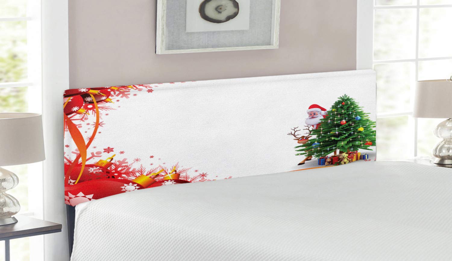 Ambesonne Santa Headboard - Decorative Upholstered Metal Bed Headboard with Memory Foam | Christmas Themed Father Christmas & Reindeer Design with Pine Tree & Red Balls | Queen Size Multicolor Headboard for Holiday Bedroom Decor