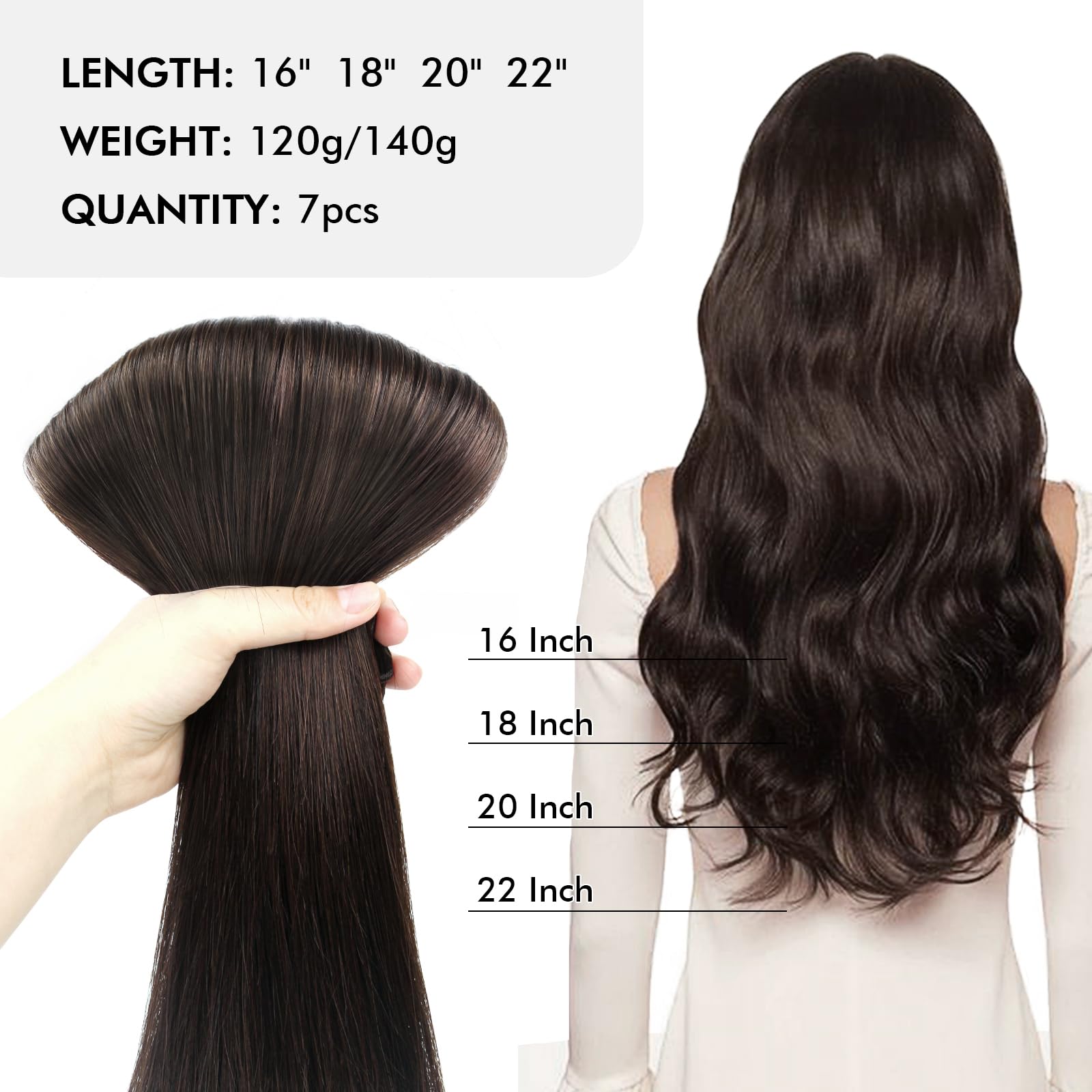 Sixstarhair Clip In Hair Extensions - 16 Inch Dark Brown Remy Human Hair (140g, 7 Pieces) - Silky Straight Real Human Hair Weft for Women - Perfect for Volume Boost, Length Extension & Everyday Styling
