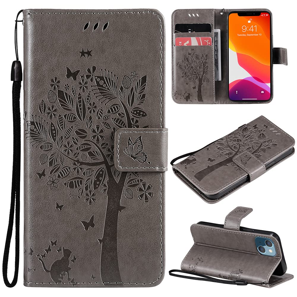 iPhone 13 Mini Wallet Case with Kickstand & Card Holder - Cute Butterfly Cat Embossed PU Leather Protective Cover for iPhone 13 Mini 5.4 Inch (Wish Tree Gray) | Perfect for Everyday Use, Travel & Hands-Free Viewing