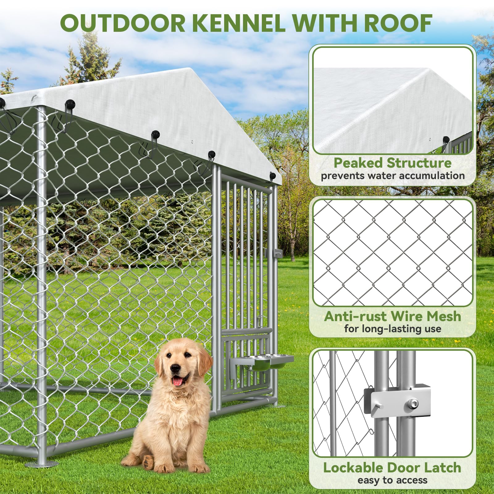 Heavy Duty 6.7x6.7x5 FT Outdoor Dog Kennel with Roof & Rotating Bowls - Durable Shelter for Small & Medium Dogs - Perfect for Backyard, Patio or Camping Use