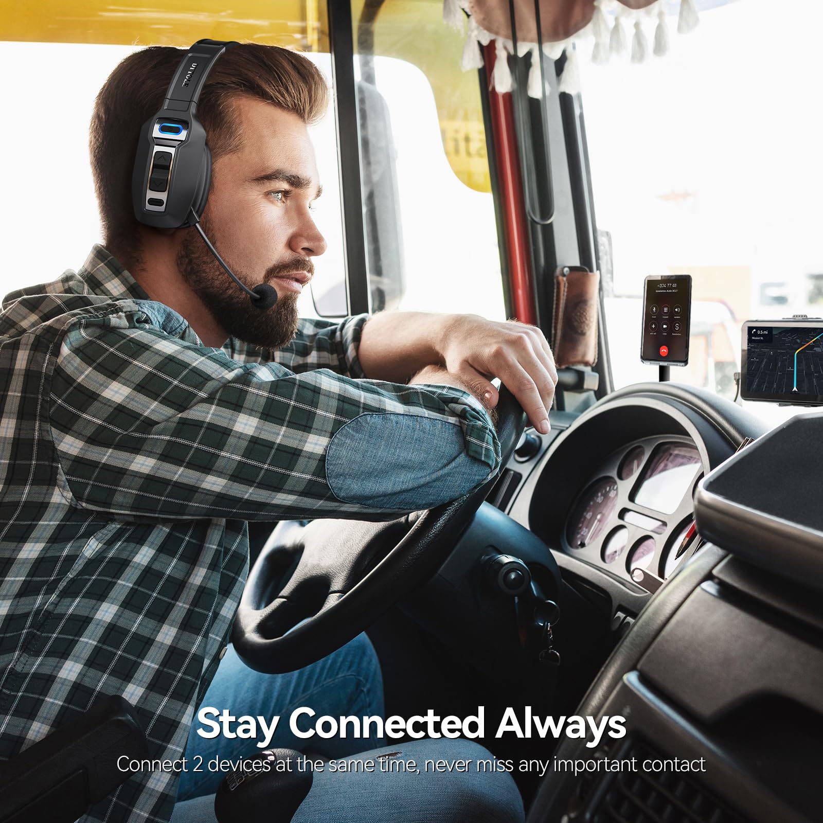 Wireless Bluetooth Headset with AI Noise Cancelling Microphone - 65H Battery Life & 164ft Range - Comfortable Trucker Headset for Work from Home, Call Centers, Truck Drivers & Computer Use - Perfect for Long Work Shifts, Online Meetings & Hands-Free Calling