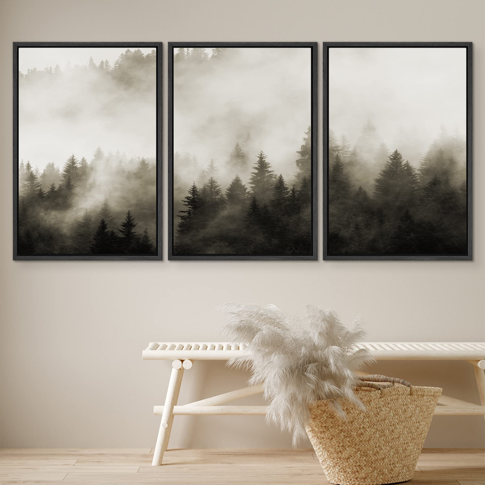 Framed Canvas Wall Art - Woodland Nursery Decor Set, Fog & Mist Over Dark Mountain Forest Nature Landscape Painting, Modern Rustic Home Decor for Living Room, Bedroom, Office - 16x24 Inches, Black Frame | Perfect for Cozy Home, Farmhouse & Cabin Interior Design