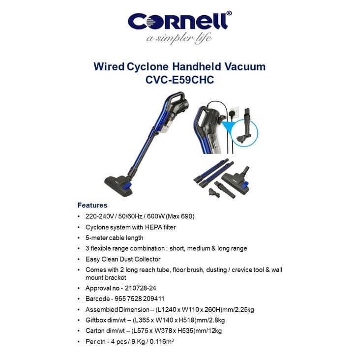 Cornell Cyclone Wired Handheld Vacuum Cleaner - Powerful 1200W Suction, Lightweight & Portable for Home, Car, Pet Hair Cleaning (Model CVCE59CHC) - Perfect for Quick Spills, Upholstery & Tight Spaces