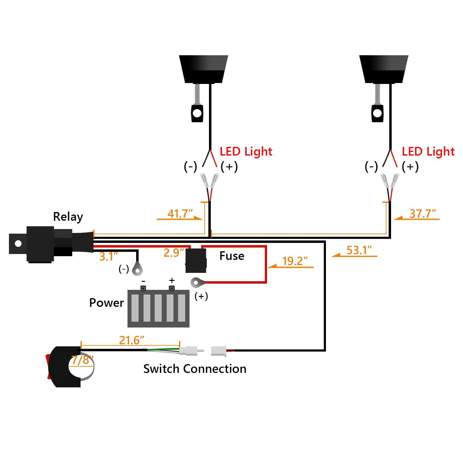 DZG Motorcycle LED Light Wiring Harness Kit 12V 2 Leads 30A Fuse 40A Relay ON/Off Switch 18AWG - Compatible with Fog Lights, Light Bars, Driving & Auxiliary Work Lights - Perfect for Off-Road, Night Riding & Emergency Vehicles
