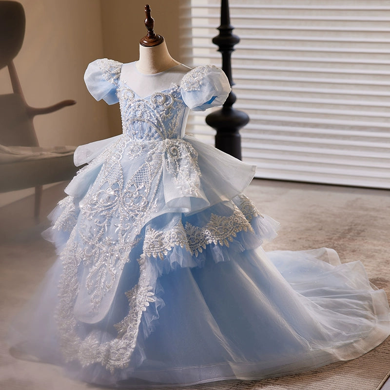 Royal Blue Organza Flower Girl Dress with Princess Round Neckline - Perfect for Weddings, Pageants & Special Occasions