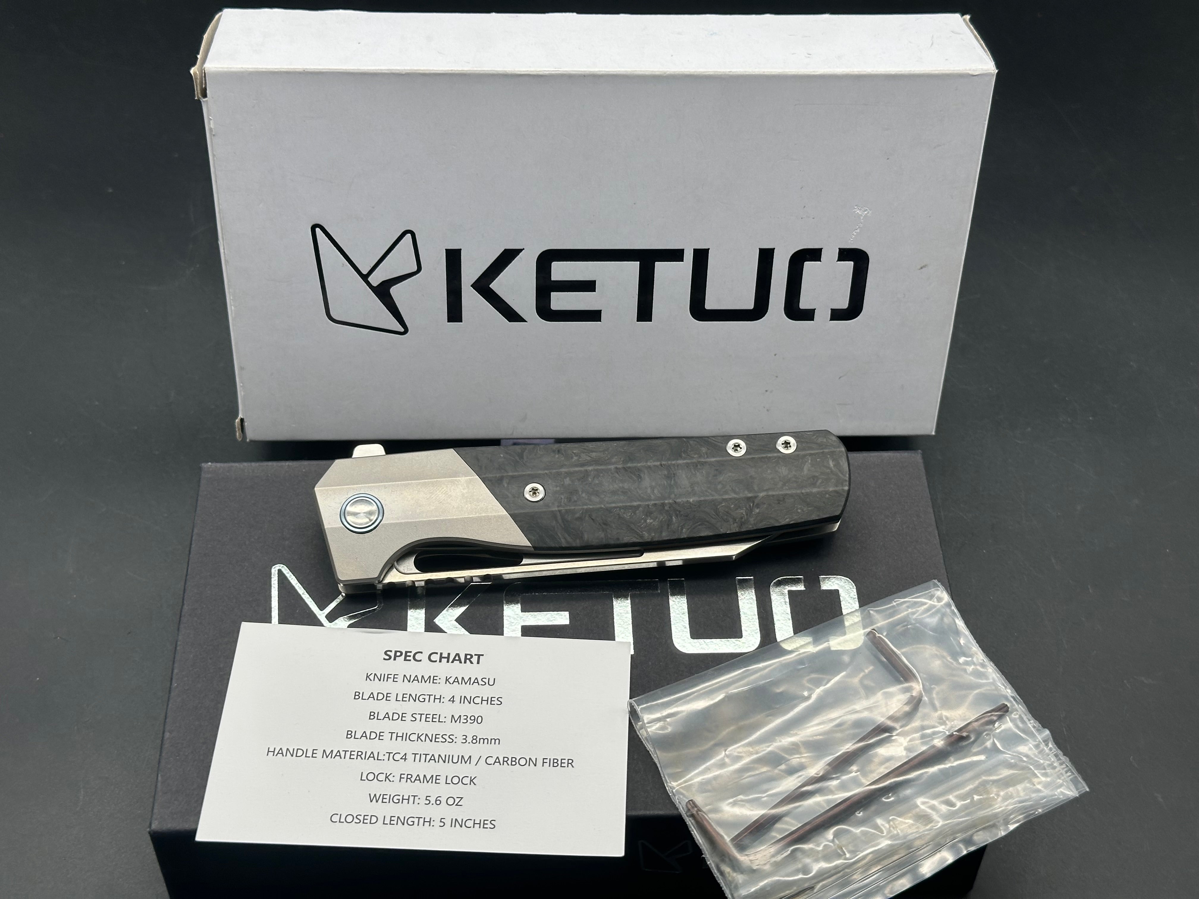 Ketuo Knife - Premium Kamasu/Ti Liners Ti Bolster with Marble Carbon Inlays, Wharncliffe Blade in Satin M390 Steel | Tactical EDC, Outdoor Survival, Camping & Kitchen Use