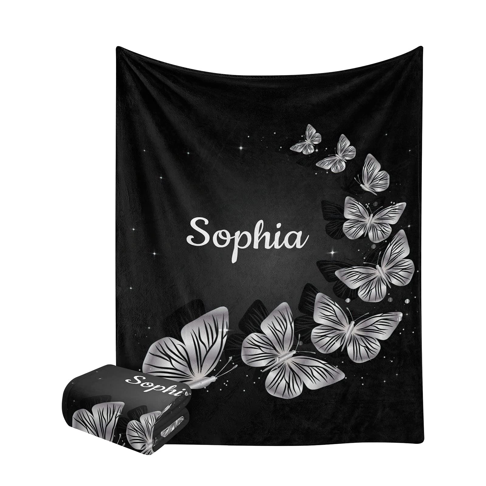 Personalized Silver Butterfly Baby Blanket with Name - Soft Fleece Swaddling & Nursery Throw for Newborns (30