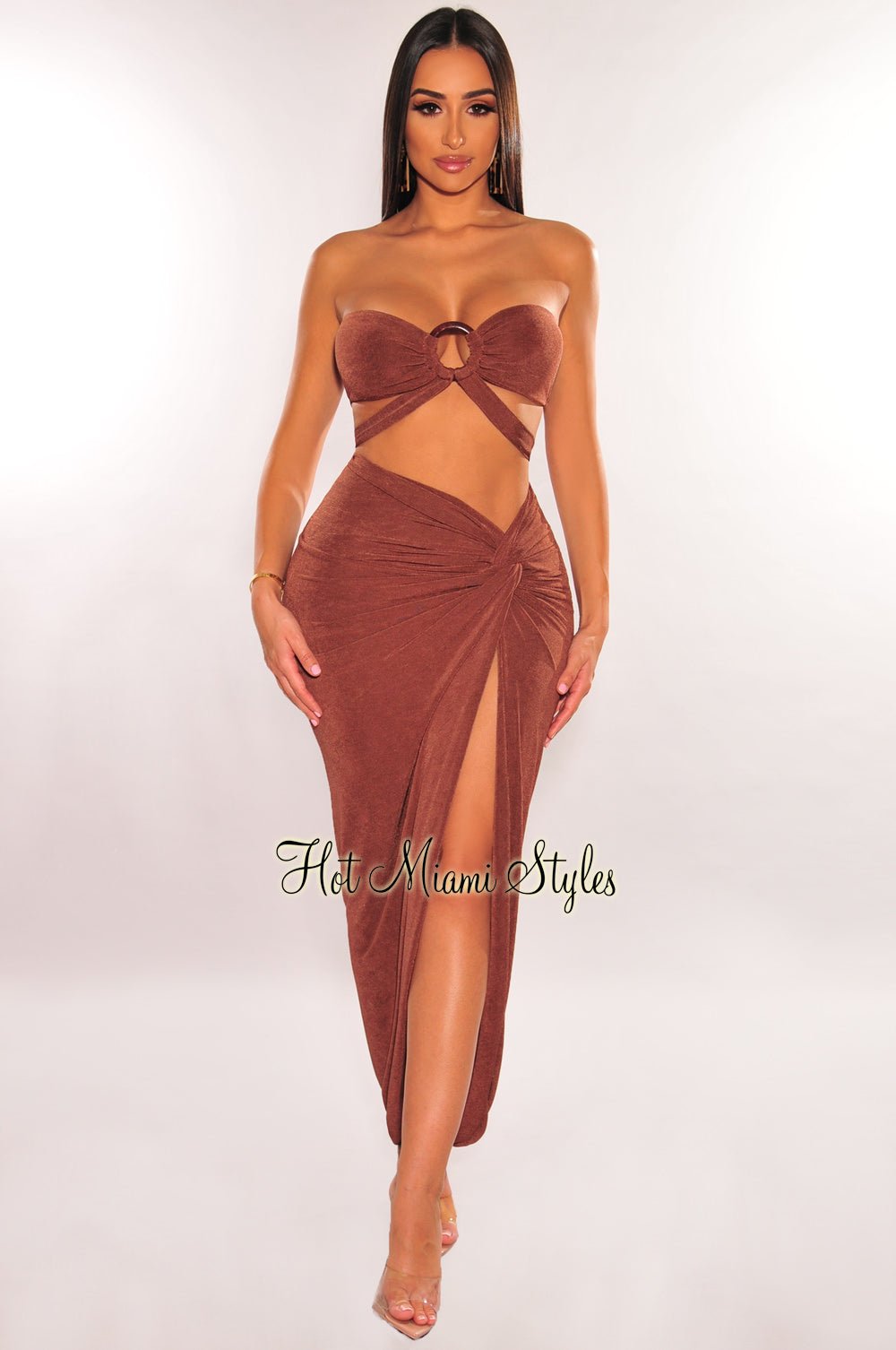 Sexy Chocolate Brown Strapless O-Ring Wrap Around Knotted Slit Skirt Two Piece Set - Perfect for Date Night, Club Outfits & Summer Fashion