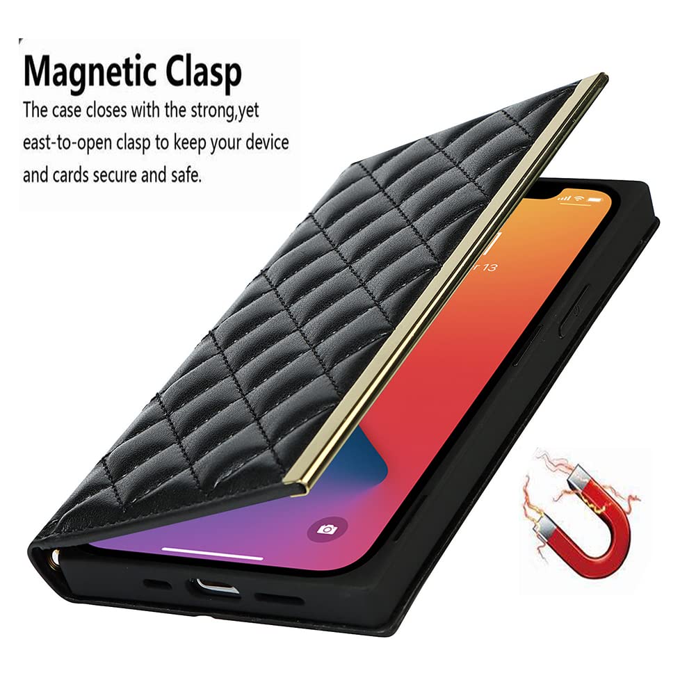 Luxury Leather Wallet Case for iPhone 13 Pro - Fashion Flip Purse with Card Slots, Crossbody Chain & Mirror | Shockproof Protective Cover (Black) | Perfect for Everyday Use, Travel & Hands-Free Convenience