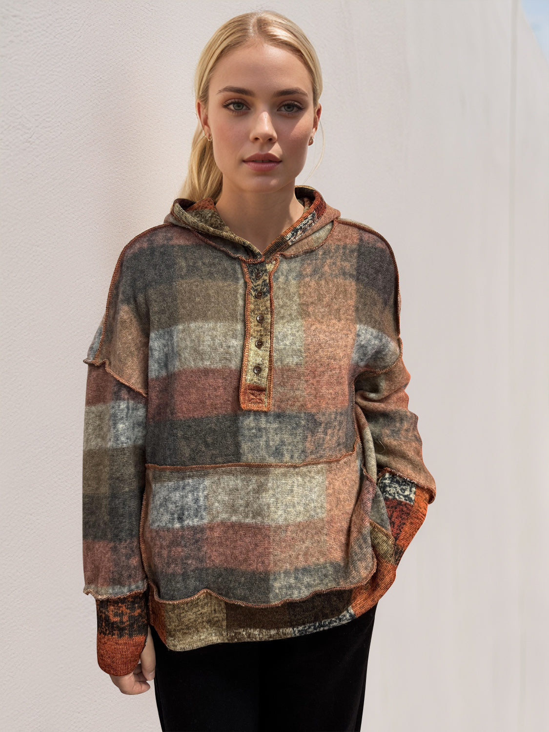 Double Take Full Size Plaid Dropped Shoulder Hoodie - Cozy Oversized Sweatshirt for Men & Women - Perfect for Casual Wear, Loungewear, and Outdoor Activities