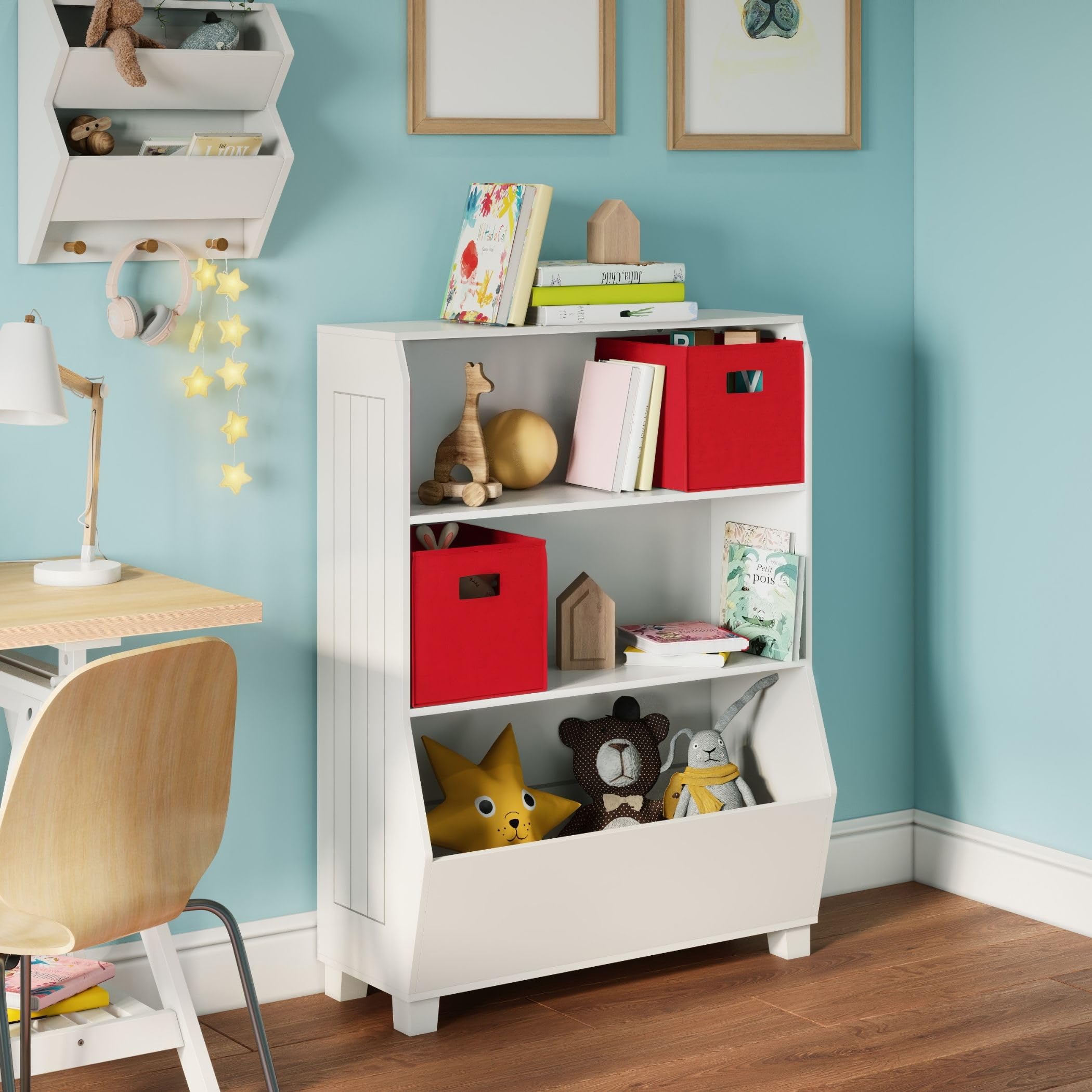 RiverRidge Kids Bookshelf with Toy Storage Organizer - 2 Open Shelves & 2 Fabric Bins - Space Saving Bookcase for Children's Books, Toys, Games & Puzzles - Perfect for Bedroom, Playroom or Classroom Organization