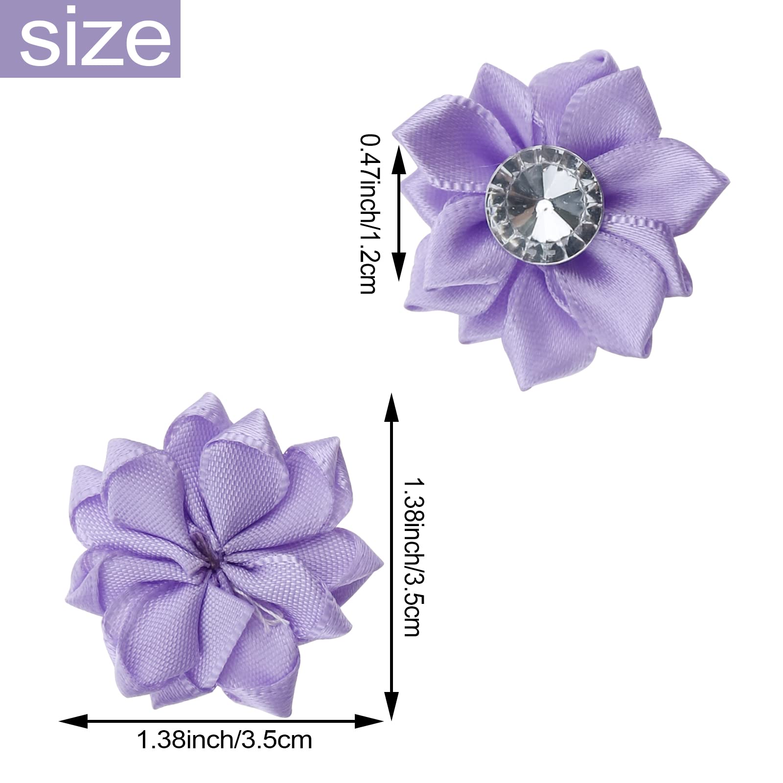 60 PCS Purple Satin Ribbon Flowers with Rhinestones - DIY Wedding Bouquet Accessories, Bridal Hair Clips, Gift Wrapping Decorations for Parties and Crafts