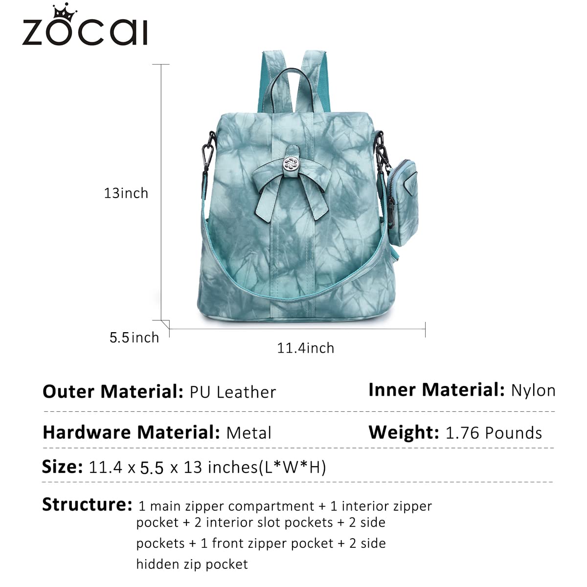 ZOCAI Women's Fashion Backpack Purse - PU Leather Anti-Theft Shoulder Bag & Satchel Daypack for Work, Travel & Daily Use