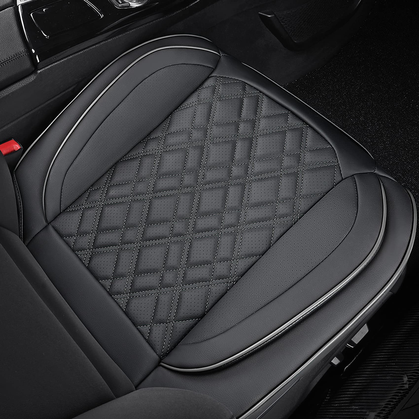 Premium PU Leather Car Seat Covers - Universal 2-Piece Front Bottom Seat Protectors with Anti-Slip Design & Storage Pockets | Fits 95% Vehicles | Perfect for Daily Commuting, Road Trips & Car Interior Protection (Black Grid)