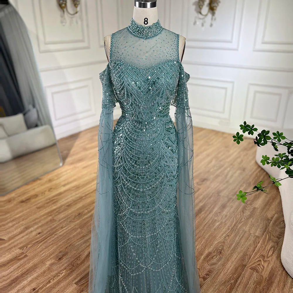 Luxury Dubai Pink Cape Sleeves Mermaid Beaded Arabic Evening Dress for Women - Elegant Long Gown for Wedding, Party & Special Occasions - Serene Hill LA71992A