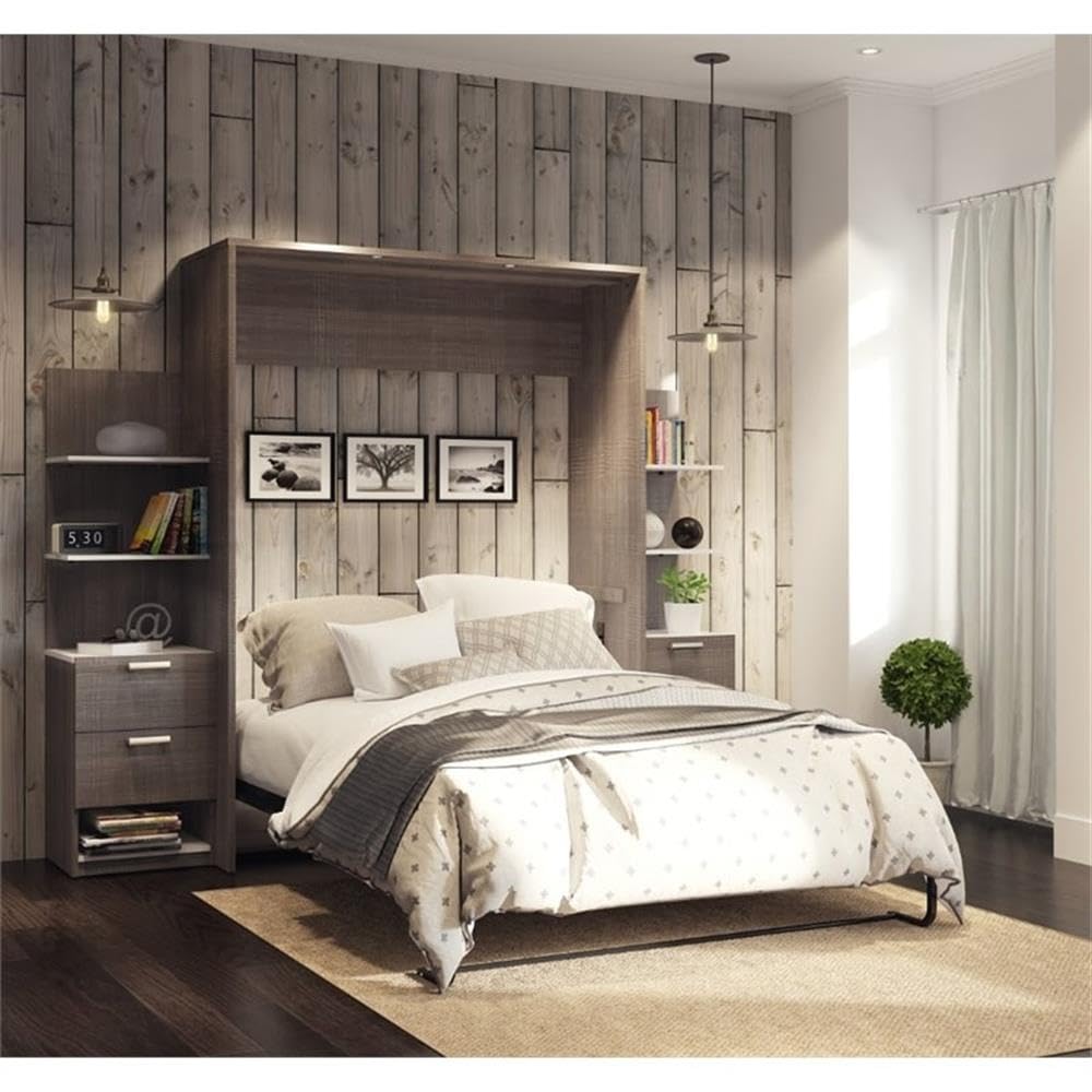 Atlin Designs Wood Queen Murphy Bed with Nightstands in Bark Gray/White - Space Saving Wall Bed for Small Apartments, Guest Rooms & Home Offices