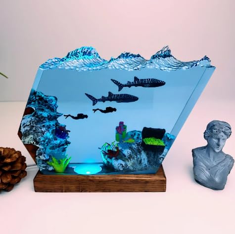 Whale Shark & Diver Resin Wood Night Light - 6x5 Inch Ocean Theme Desk Lamp, Marine Art Decor, Underwater Diorama for Bedroom, Living Room, Office & Gift