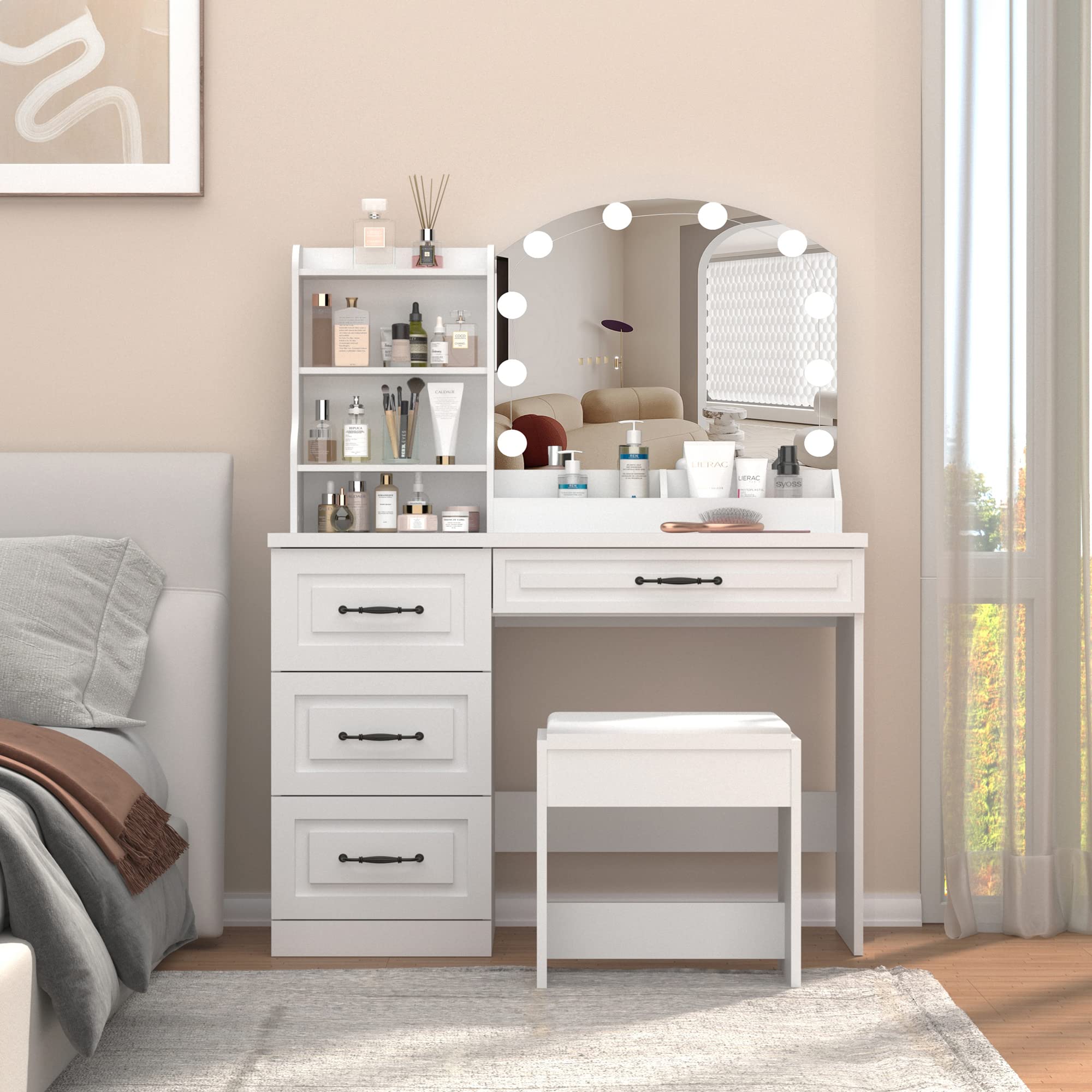 Vabches Makeup Vanity Desk with LED Lights & 4 Drawers - White Dressing Table with Large Storage (39.4 Inch), 3 Color Lighting Modes - Perfect for Bedroom, Dressing Room & Beauty Salon