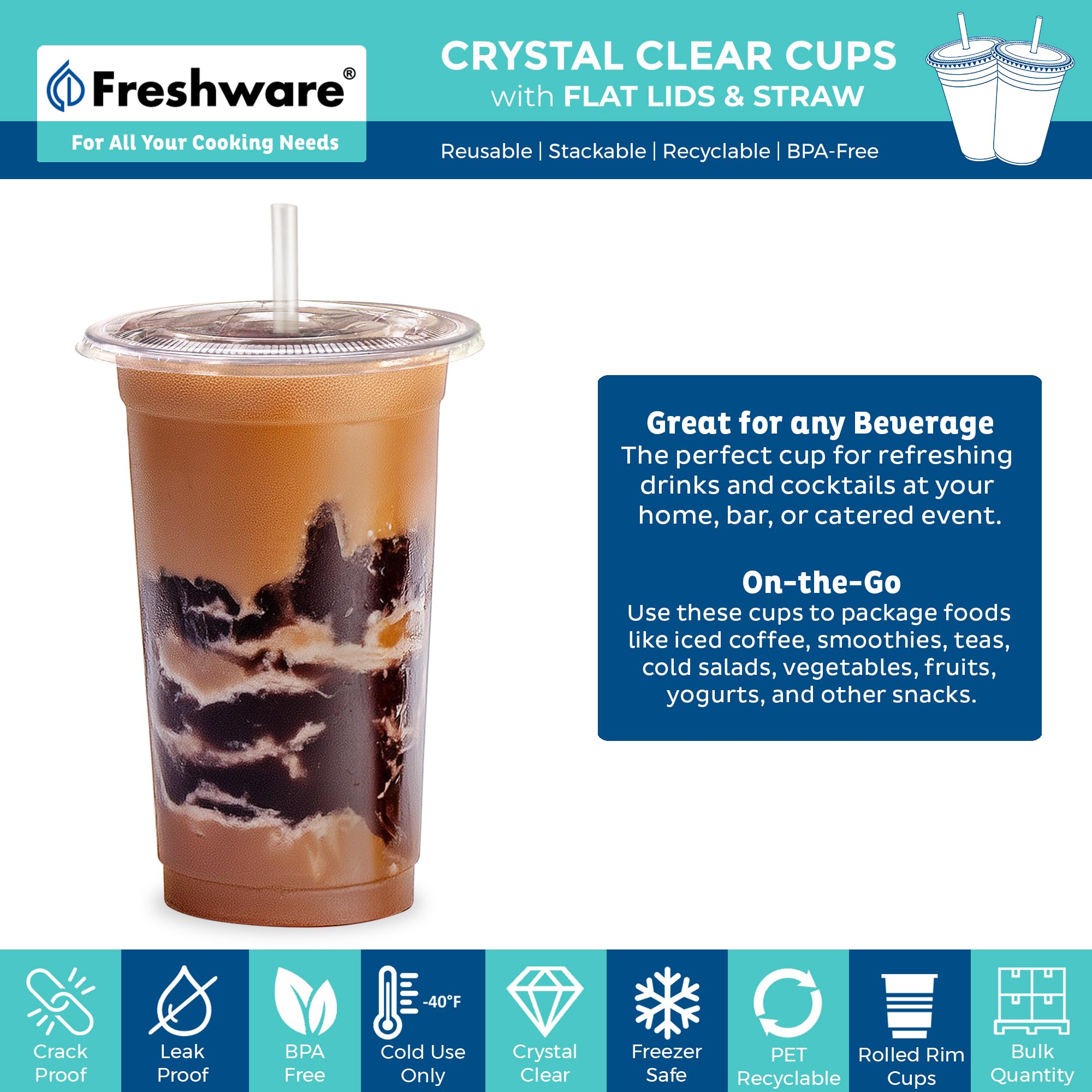 Freshware 20 oz Clear Plastic Cups with Flat Lids and Straws - 100 Pack Disposable Tumblers for Iced Coffee, Smoothies, Milkshakes & Cold Beverages - Perfect for Parties, Picnics, BBQs and Office Use