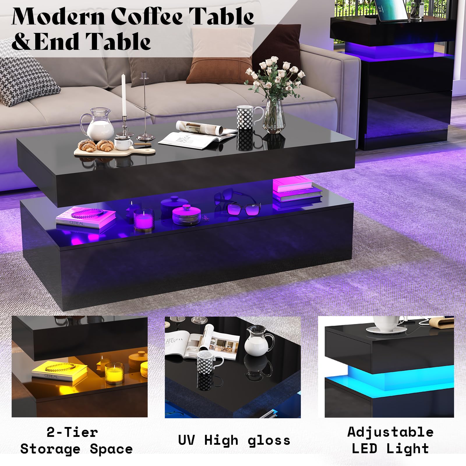 Amerlife 4-Piece Modern High Gloss Living Room Table Set - 70