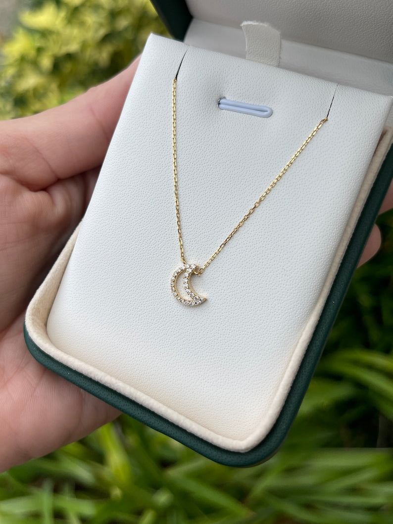 0.20tcw Natural Diamond Moon Crescent Pendant Necklace in 14K Gold - Elegant Cable Chain for Women's Everyday Wear & Special Occasions