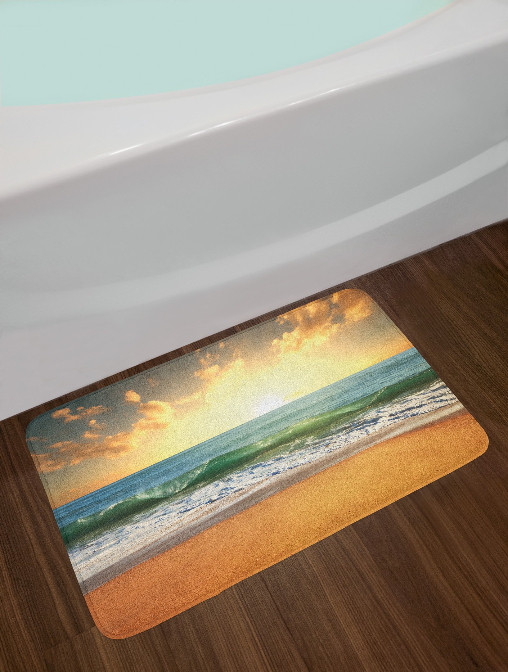 Lunarable Ocean Bath Mat - Non-Slip Plush Bathroom Rug with Sunset Beach Design, 30.2 x 20 Inches, Apricot & Blue - Soft Decor for Bathroom, Spa, or Coastal-Themed Home