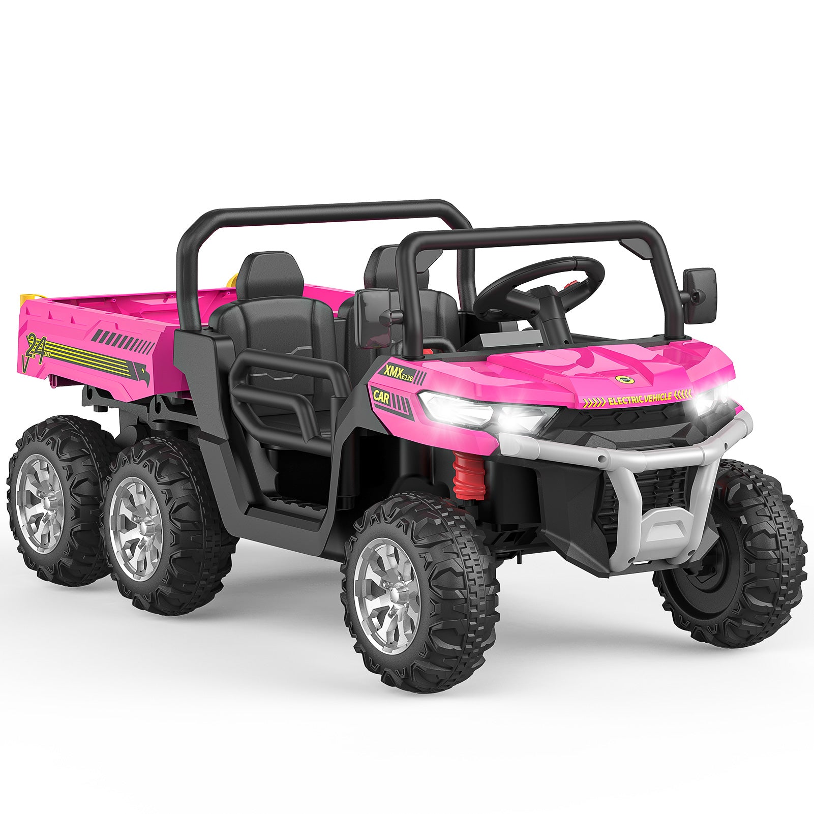 GARVEE 24V Kids Ride On Dump Truck - 2 Seater 6X6 Electric UTV with Remote Control | Battery Powered 6 Wheeler Toy Car for Boys & Girls Ages 3+ | Outdoor Play, Birthday Gift, Backyard Fun (Pink)