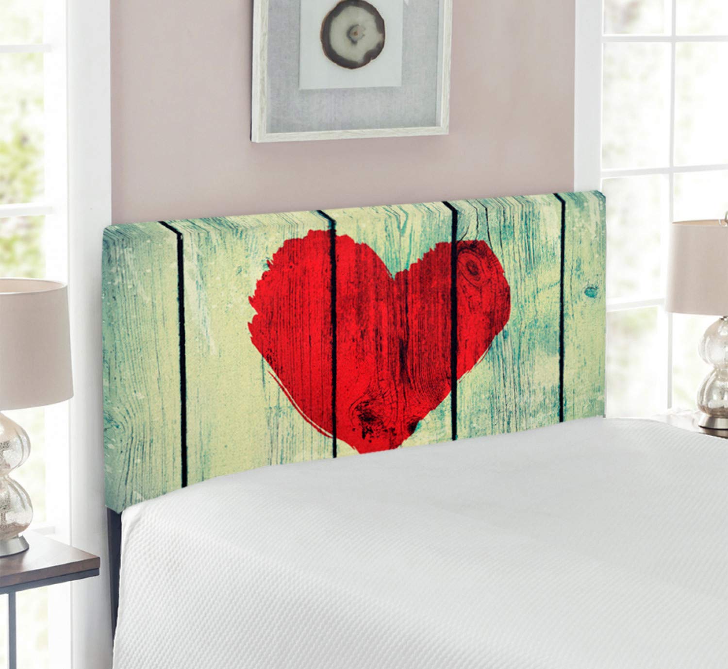 Ambesonne Love Headboard - Rustic Wooden Wall Decor with Heart Painting, Romantic Upholstered Metal Bed Frame with Memory Foam, Twin Size in Red & Pale Green | Perfect for Bedroom Makeover, Couples Retreat & Cozy Home Decor