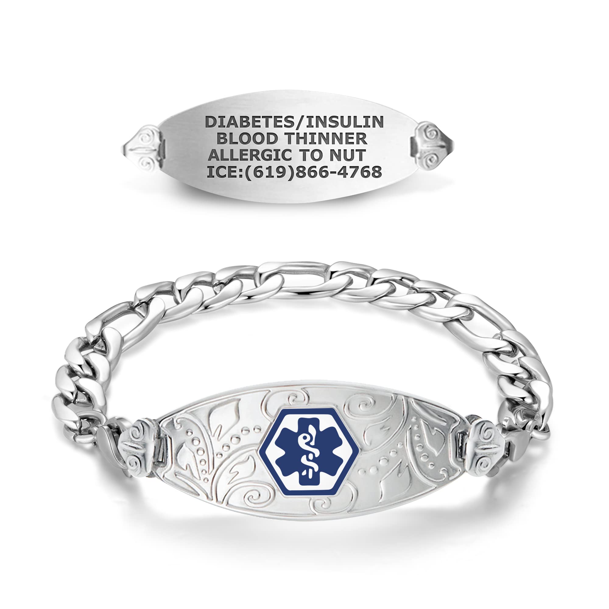 Divoti Custom Engraved Medical Alert Bracelets for Women - Stainless Steel Medical ID Bracelet with Free Engraving - Elegant Filigree Tag & Figaro Chain - Adjustable Sizes & Colors - Perfect for Diabetes, Allergies & Emergency Medical Identification