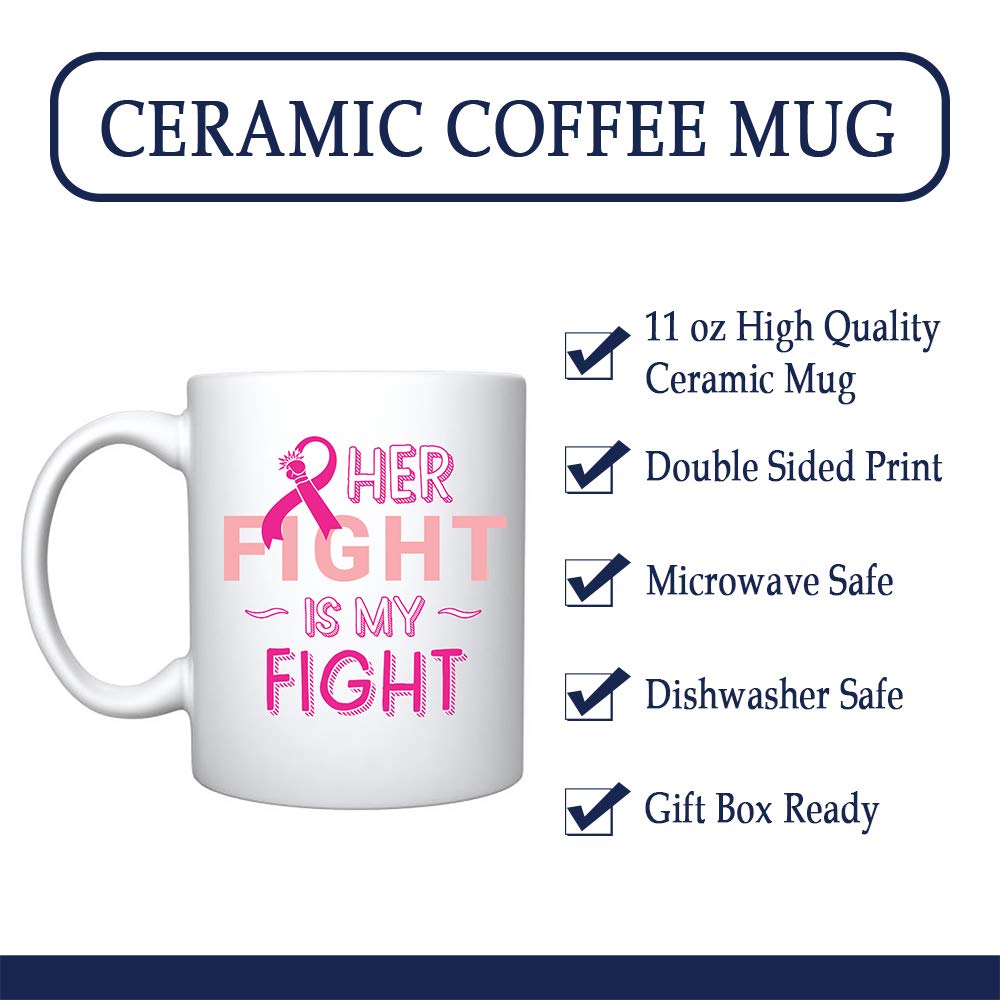 Veracco 'Her Fight Is My Fight' Pink Ribbon Ceramic Coffee Mug - Motivational & Inspirational Gift for Breast Cancer Survivors - 15oz White Ceramic Cup for Coffee, Tea & Hot Drinks - Perfect for Office, Home Use & Cancer Awareness Events