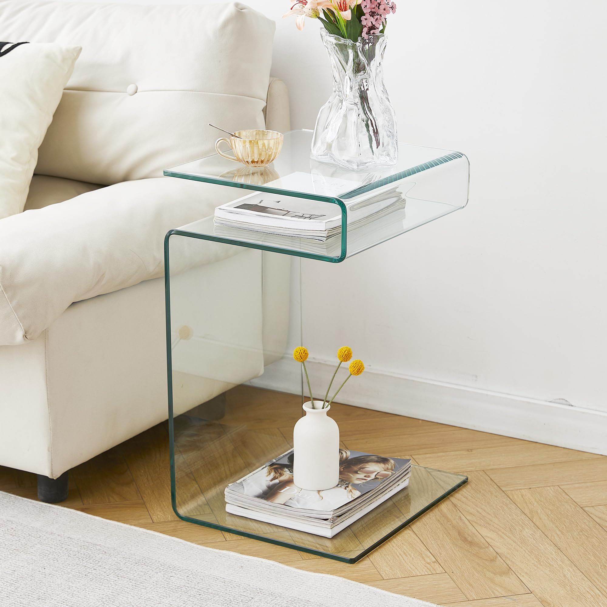 Clear Glass Nightstand - Modern S-Shaped End Table for Bedroom & Living Room, 16.55