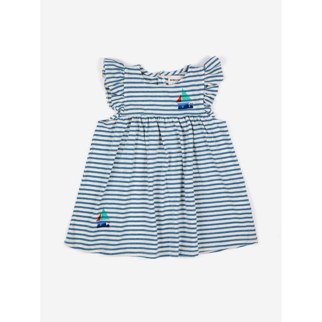 Bobo Choses Blue Stripes Ruffle Dress for Girls - Cute Summer Cotton Dress with Ruffled Sleeves - Perfect for Birthday Parties, Beach Outings, and Casual Playdates