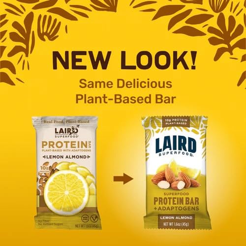 Laird Superfood Functional Protein Bars - 10g Plant-Based Protein, 6g Fiber, with Real Ingredients & Functional Mushrooms - Non-GMO, Vegan, Gluten-Free - Lemon Almond Flavor (10 Count Pack) - Perfect for Post-Workout Recovery, Hiking Snacks & Healthy On-the-Go Nutrition