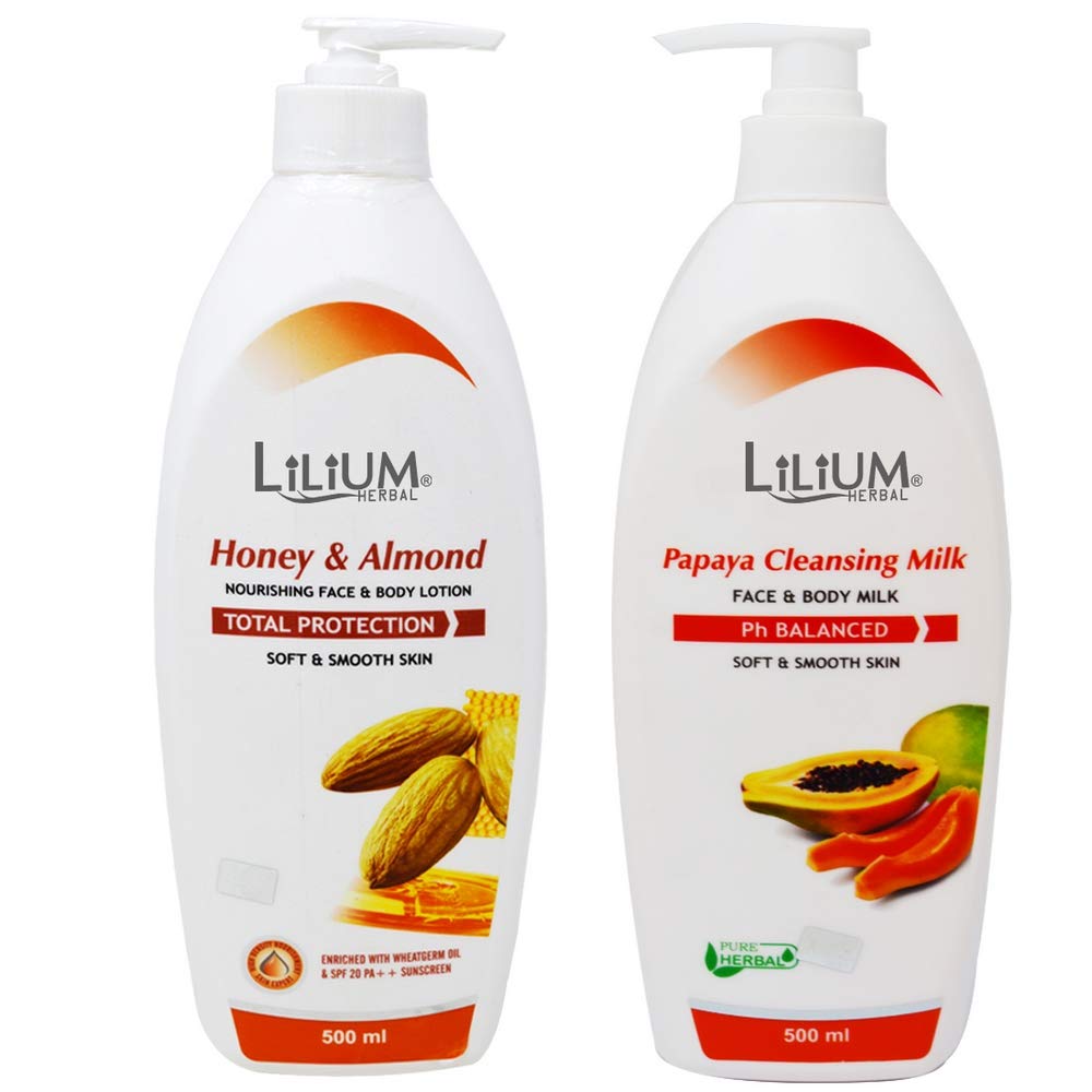 Lilium Honey & Almond Nourishing Face & Body Lotion with Papaya Cleansing Milk - 500ml - Hydrating Moisturizer for Dry Skin - Perfect for Daily Skincare & Body Care Routine