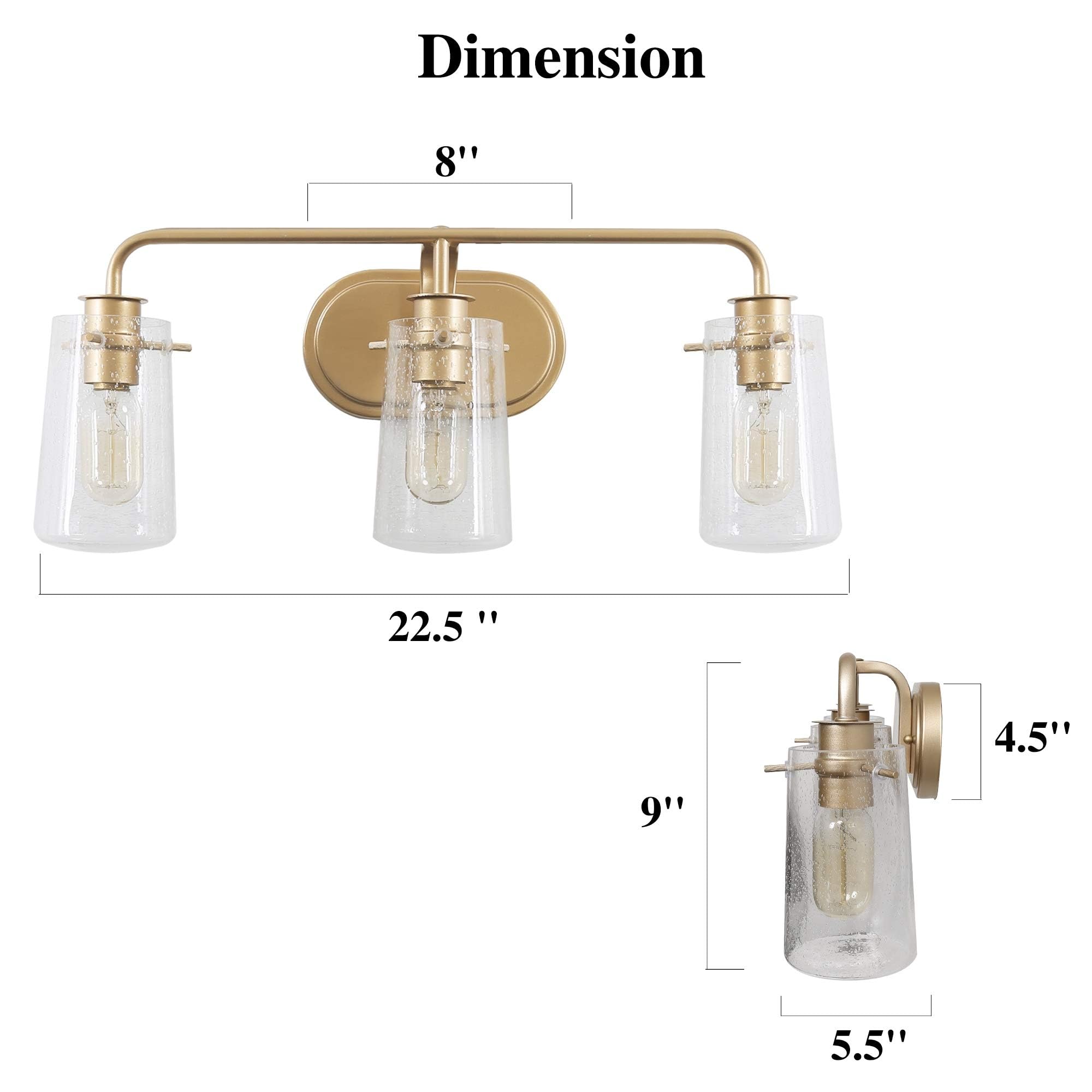 KSANA Gold Vanity Lights - 3-Light Modern Bathroom Light Fixture with Seeded Glass Shade for Elegant Bathroom & Dressing Room Lighting