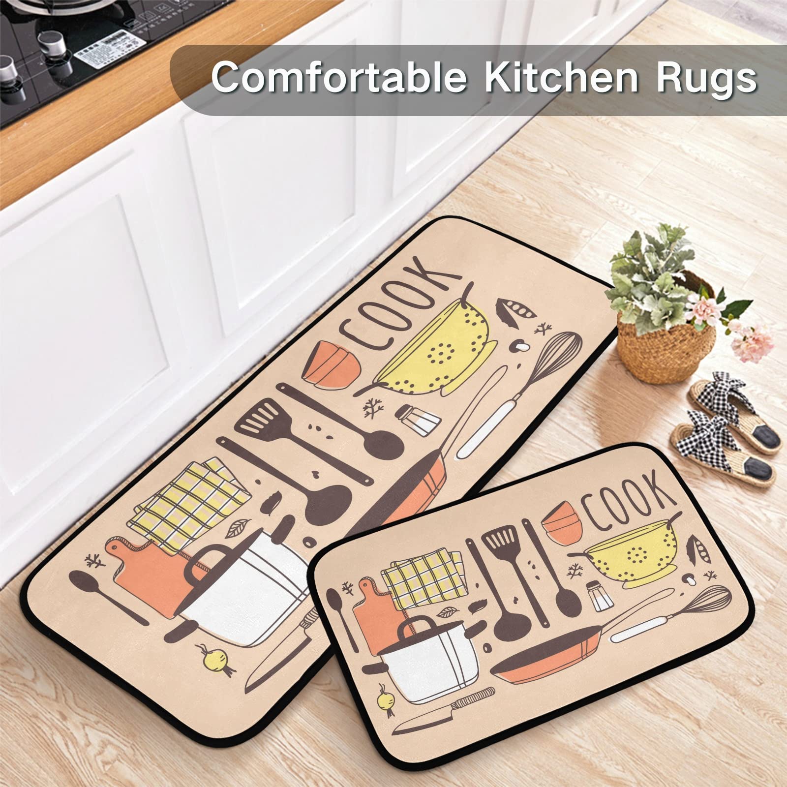 SUABO Non-Slip Kitchen Mat Set of 2 - Cushioned Standing Mats for Cooking & Bathroom Floor - Anti-Fatigue Comfort for Home, Office & Salon Use