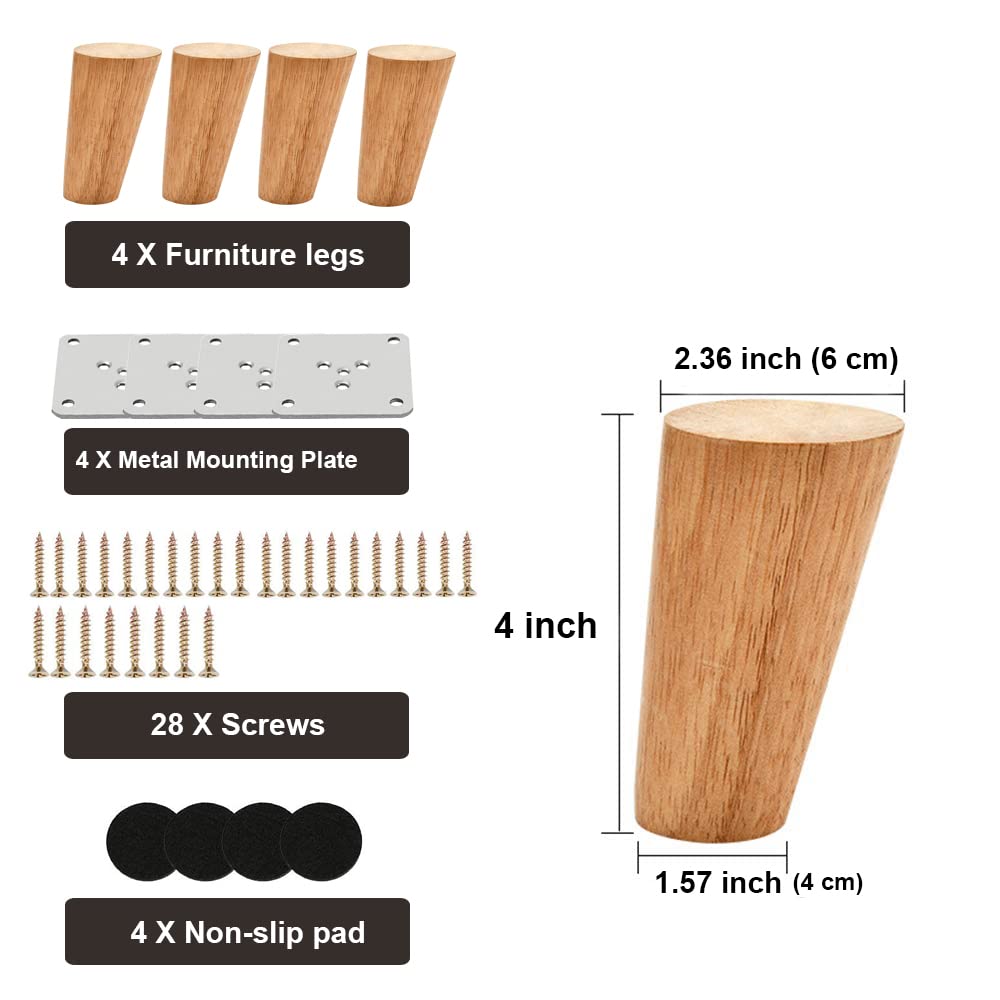 4 Inch Solid Wood Tapered Furniture Legs - Set of 4 Round Mid Century Style Replacement Feet for Sofa, Dresser, Cabinet, Bed & Ottoman - DIY Home Decor Upgrade for Living Room, Bedroom & Office
