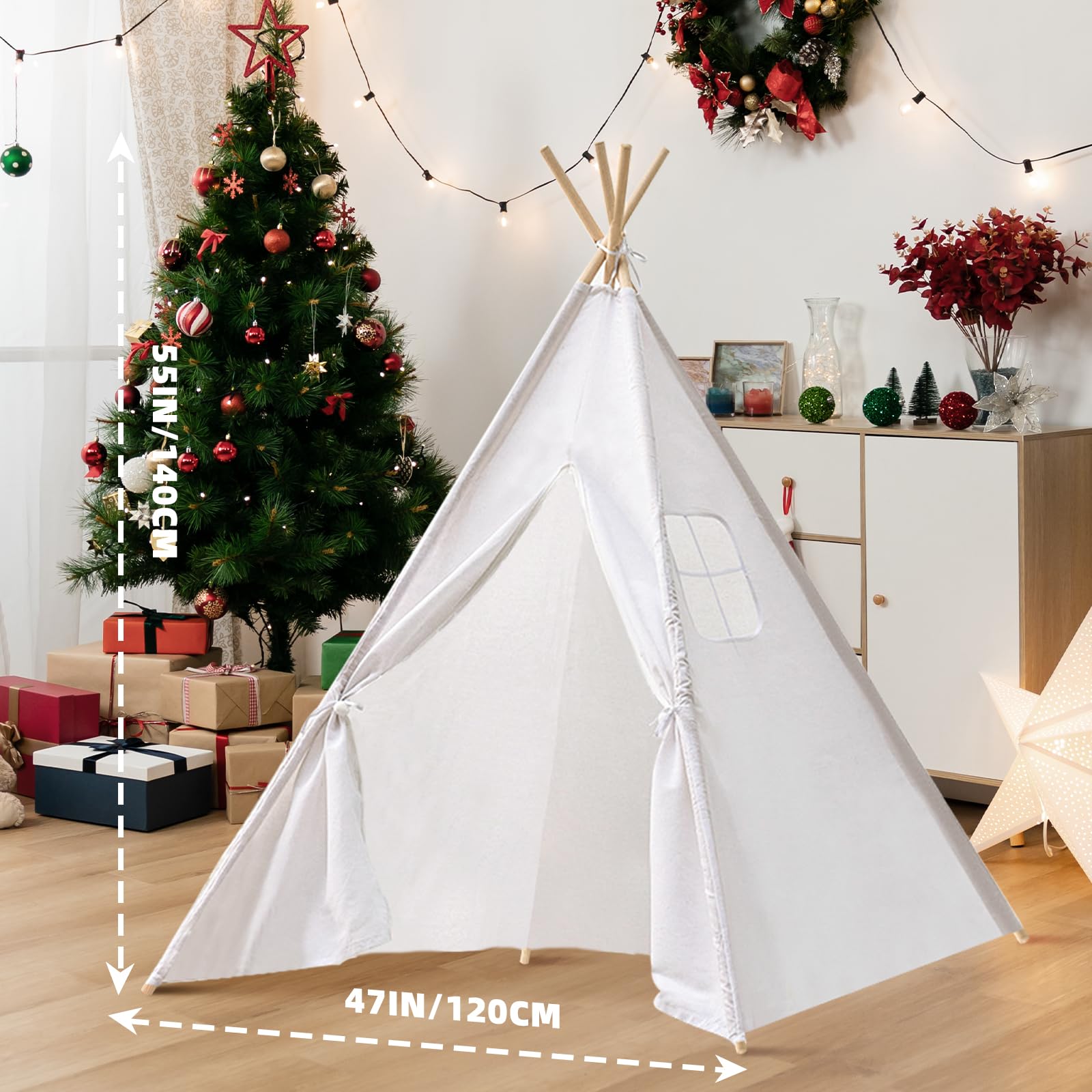 Wholelovein 6-Piece Kids Teepee Play Tent - Foldable & Washable Boho Playhouse for Girls & Boys - Perfect for Indoor Play, Sleepovers, Birthday Parties & Nursery Decor (White)