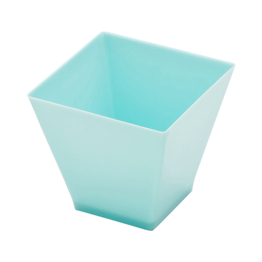 100-Pack 2 oz Square Baby Blue Plastic Mini Kova Cups & 100 Silver Plastic Mini Forks - Perfect for Baby Showers, Birthday Parties, and Wedding Favors
