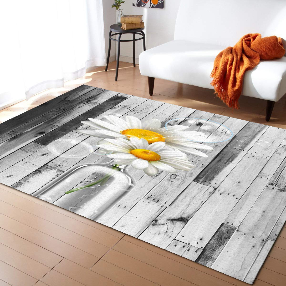 4'x7' Area Runner Rug with Daisy Flowers & Wood Texture - Washable Indoor/Outdoor Carpet for Kitchen, Living Room, Bathroom, Bedroom, Classroom & Laundry Room - Perfect Welcome Mat & Desk Decor for Home & Office