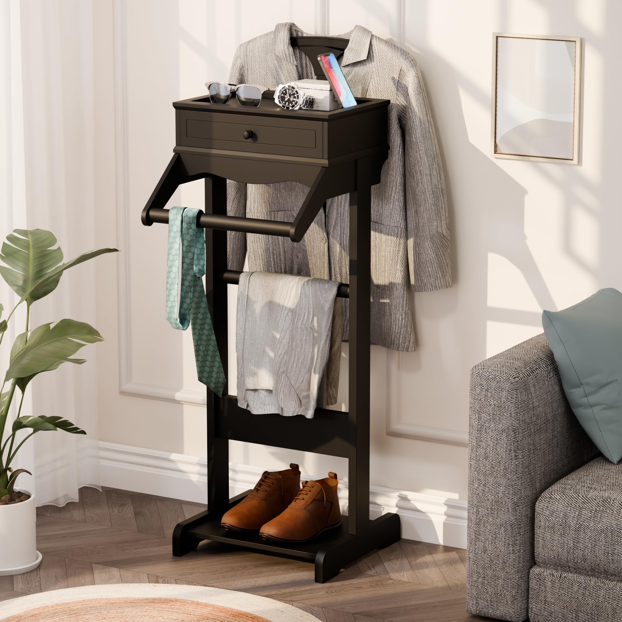 Brefhome Wooden Valet Stand with Drawer & Tray - Modern Clothing Rack for Men & Women - Entryway, Bedroom & Commercial Use - Black Garment Organizer (Perfect for Home & Office Storage)