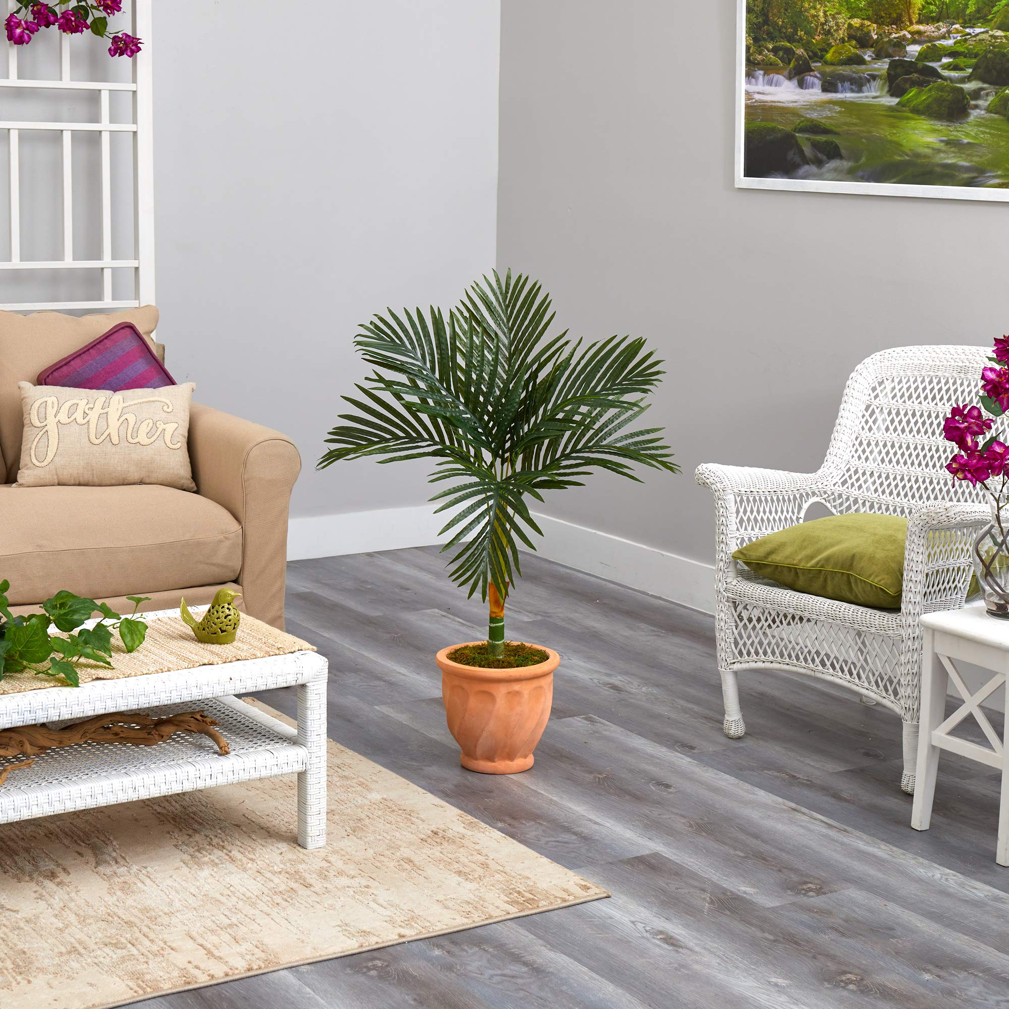 Nearly Natural 3.5ft Golden Cane Artificial Palm Tree in Terra Cotta Planter - Lifelike Indoor Tropical Decor for Home, Office, or Patio