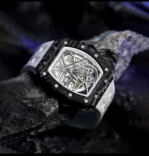 TSAR BOMBA Men's Luxury Automatic Skeleton Watch - Silver Square Big Face with Silicone Strap, 50M Waterproof Analog Wristwatch for Business, Casual & Formal Wear | Perfect Gift for Men