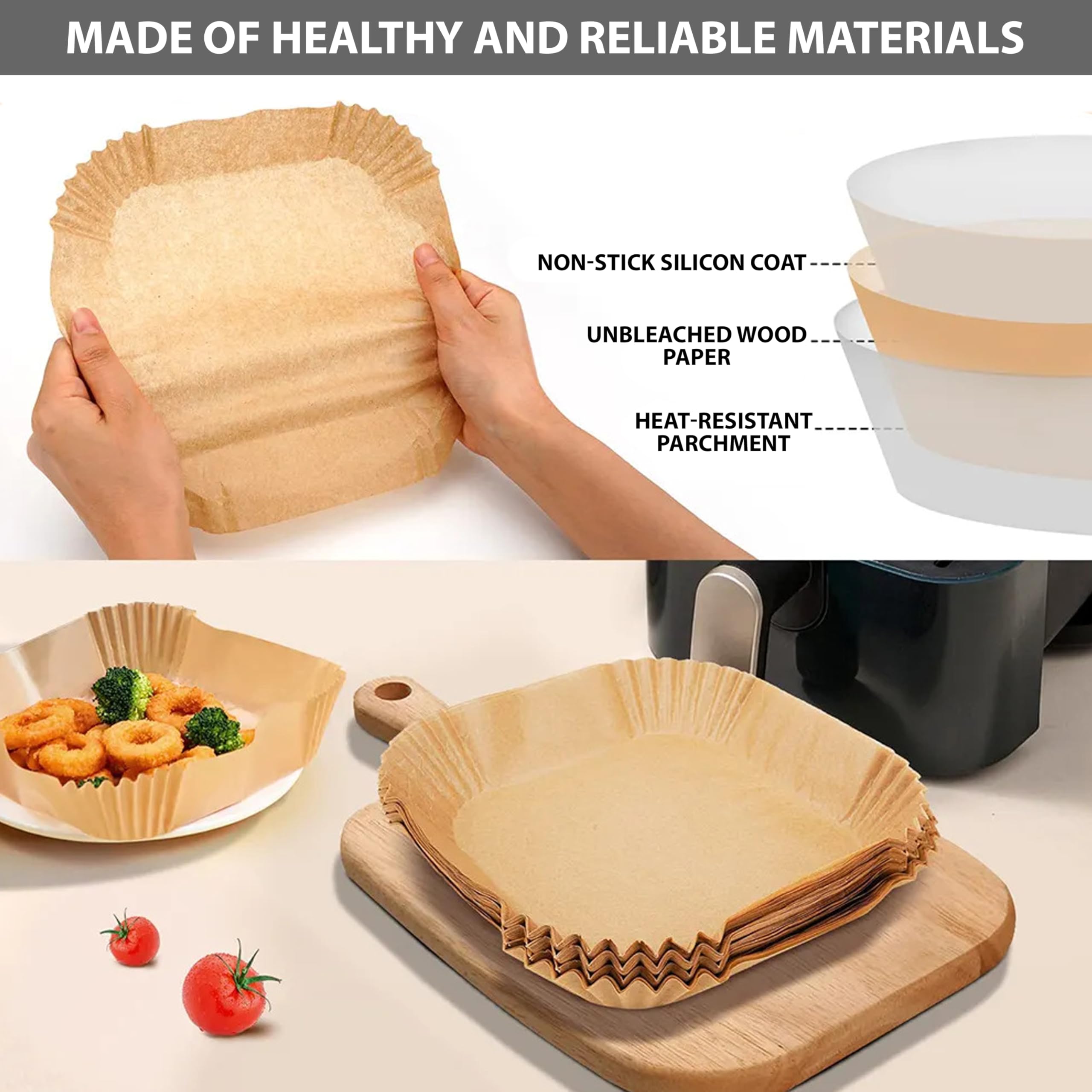 100PCS 16cm Round Air Fryer Liners - Non-Stick Unbleached Parchment Paper for Air Fryer, Baking & Microwave | Disposable Heat-Resistant Cooking Sheets for Healthy Meals & Easy Cleanup